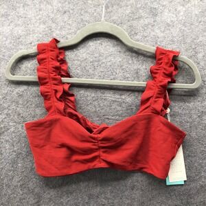 NWT Shore Ruffle Siesta Bikini Top Womens M Brown Ribbed Bandeau Sweetheart Tie